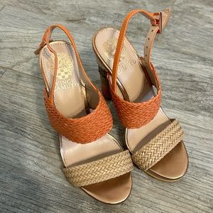 Vince Camuto Adrien Fine Woven Raffia Ocean Coral Leather Heel Sandals size 6